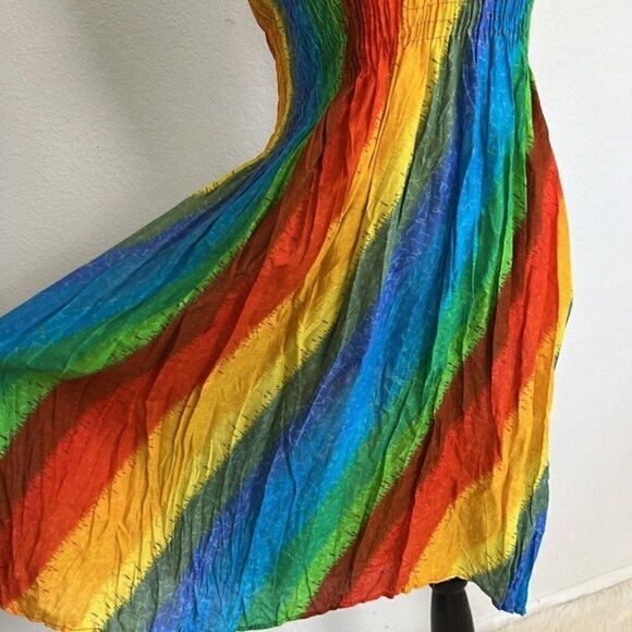 Vintage Women’s Rainbow Tie Dye Hippie Smocked Summer Mini Tube Top Dress OS - Picture 9 of 12